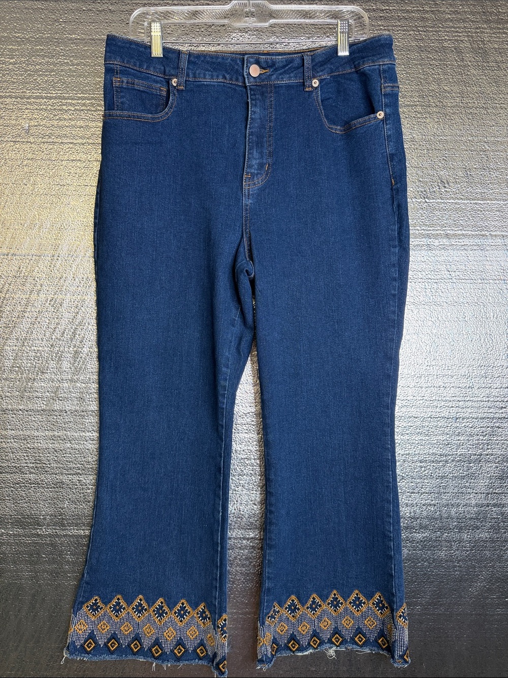 Embroidered Hem Dark Blue Wide-Leg Jeans